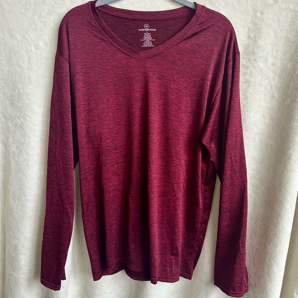 Men's Real Essentials Long Sleeve‎ Maroon Quick Dry Sun Shirt UPF Size Large